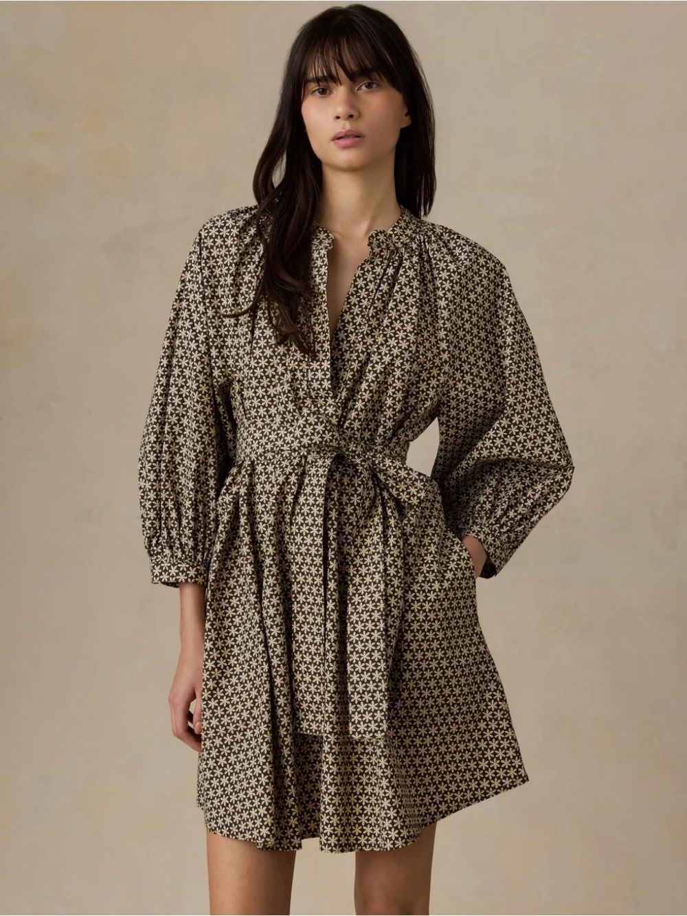 Faherty Black and Cream Printed Tie-Waist Mini Dress
